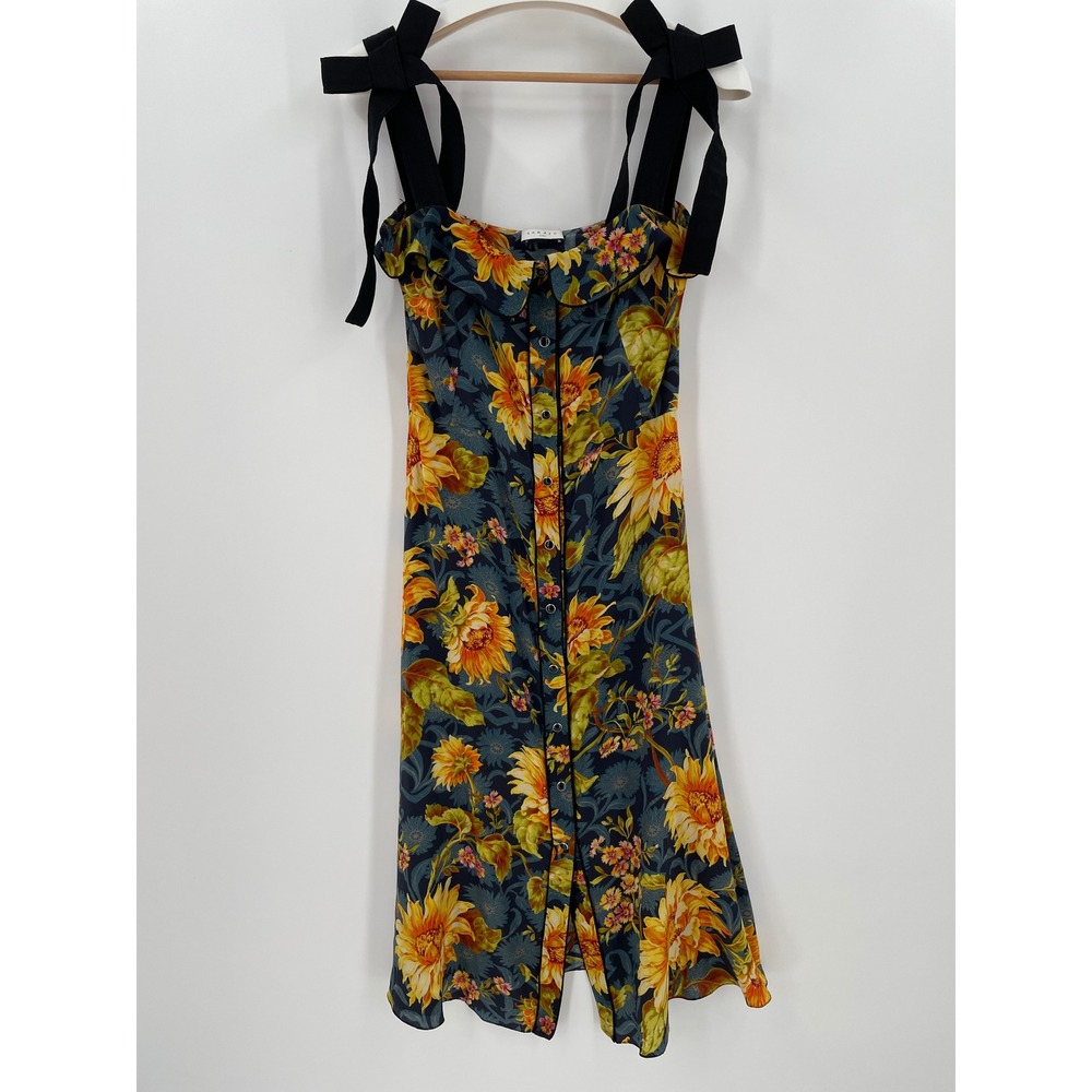 Sandro Paris Sunflower Floral Midi Dress Black Ribbon Tie Straps FR 36 / US 4